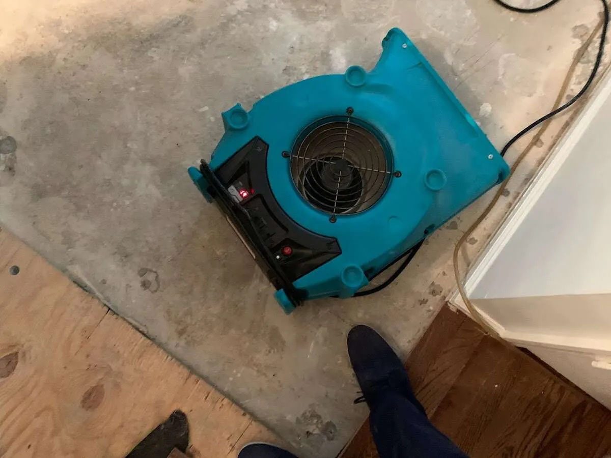 Air mover drying subfloor during Commercial Water Damage Restoration in Newport